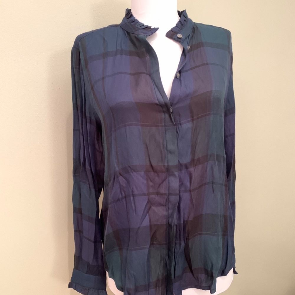 LOFT Plaid Ruffle Mandarin Collar Button Down